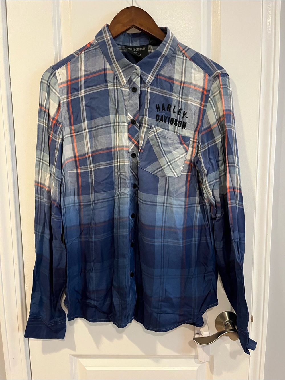 Harley-Davidson Blue Plaid Ombre Button-Down Shirt with Orange Accents